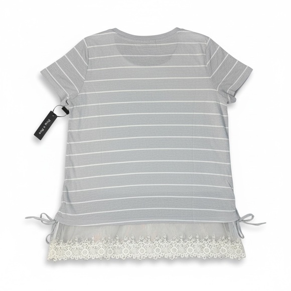 Doe & Rae Boutique BOHO Tunic Top Gray Striped Ruched Lace Hem Size L NWT - Picture 6 of 10
